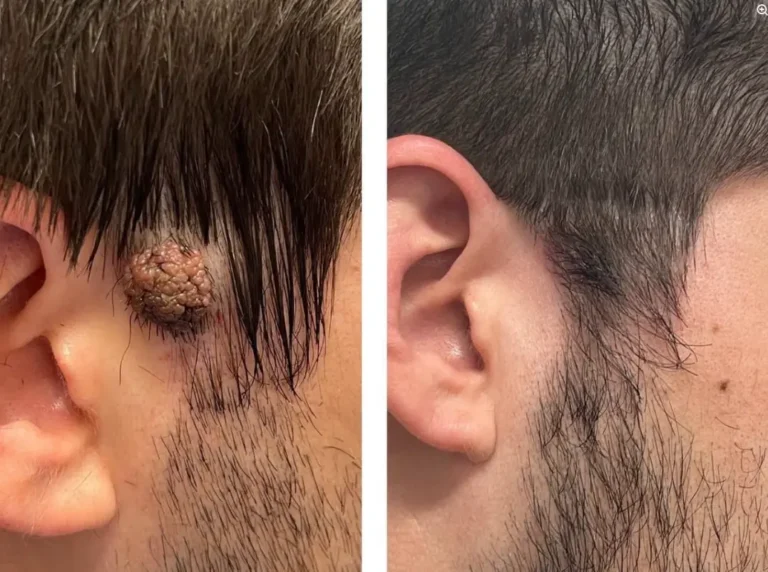 Skin lesion removal before and after, side of the face